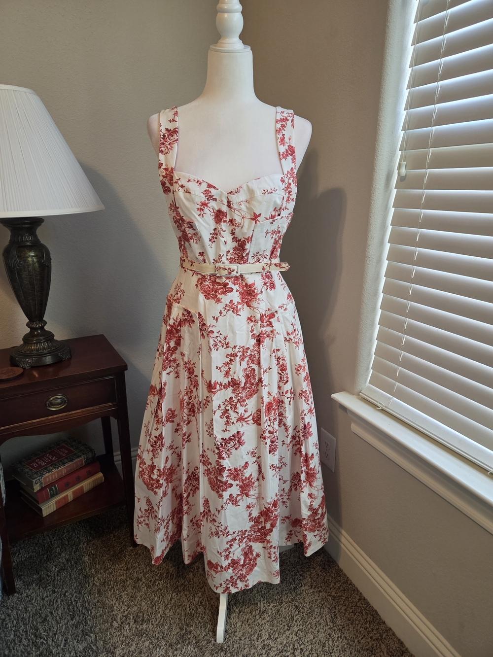 ANTONIO MELANI Cream Midi Dress with Red Floral Print and Belt